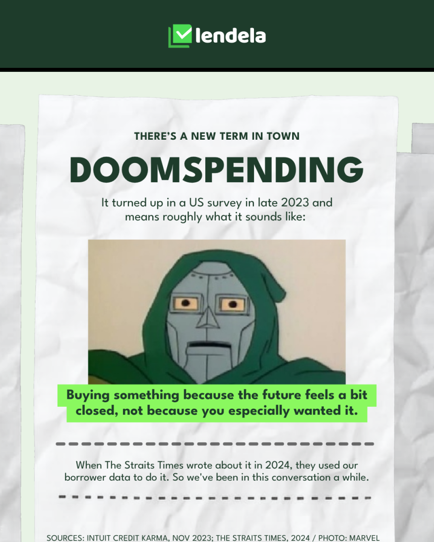 Explainer on doomspending, a term from a November 2023 Intuit Credit Karma survey describing spending driven by pessimism about the future.