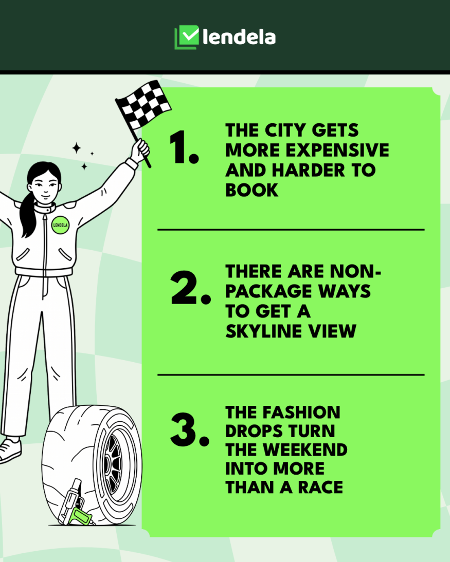 Three ways F1 weekend affects Singapore in October 2026: the city gets more expensive and harder to book, there are non-package ways to get a skyline view, and fashion drops turn the weekend into more than a race.